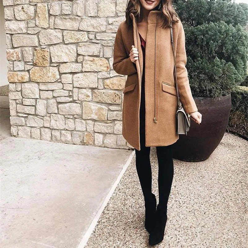 Solid Zipper Pocket Long Woolen Coat