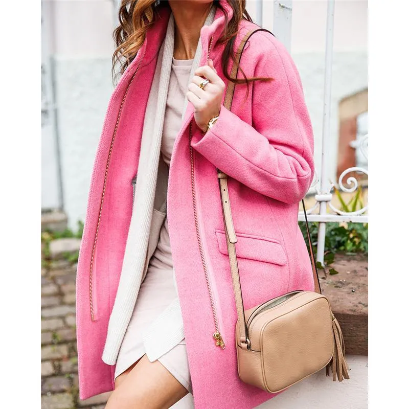 Solid Zipper Pocket Long Woolen Coat