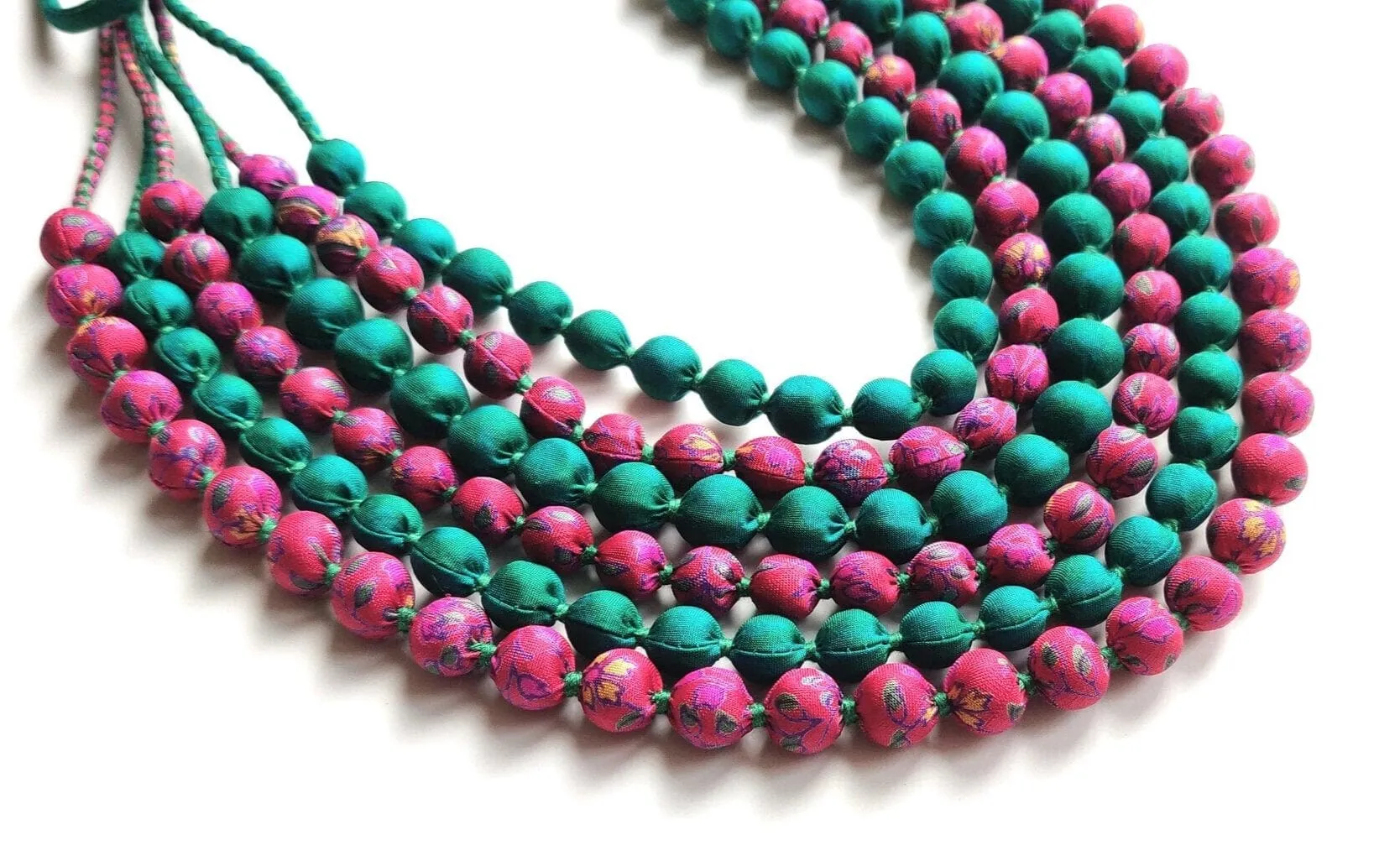 Upcycled Sari Silk Necklace Green/Pink