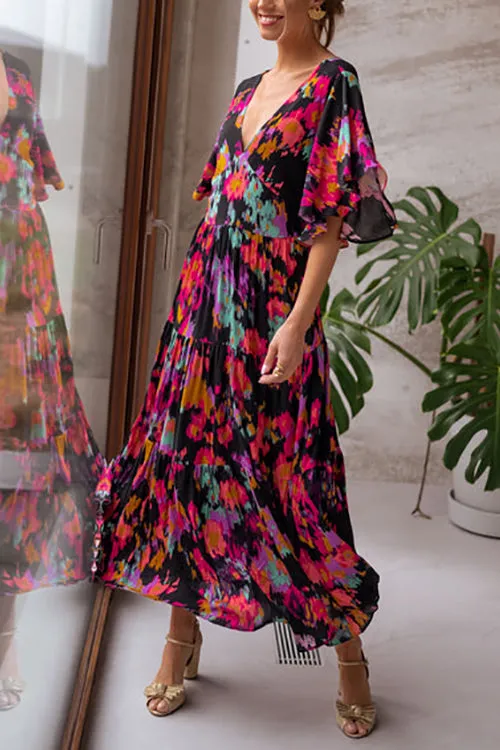 V Neck Floral Bat Maxi Dress