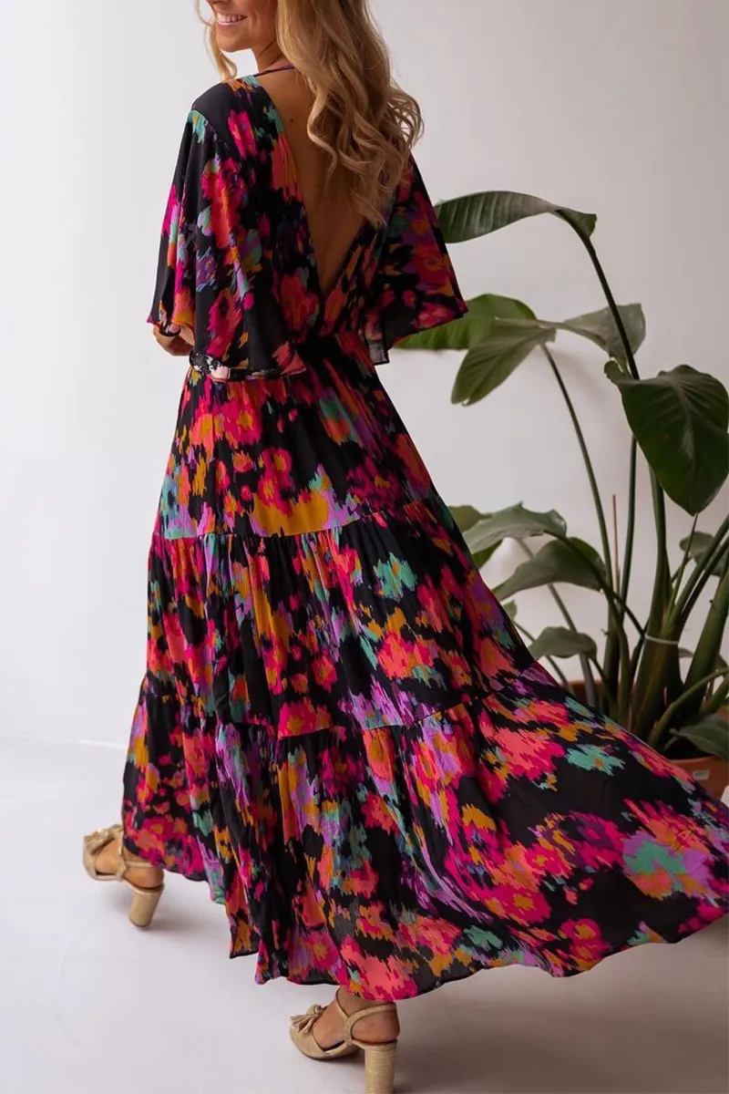 V Neck Floral Bat Maxi Dress