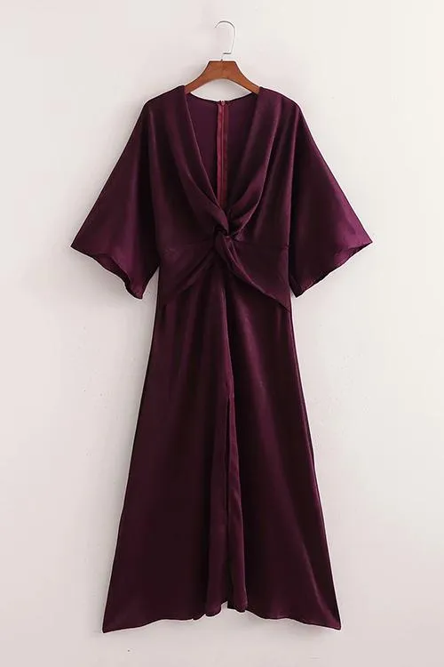 V Neck Satin Batwing Maxi Dress