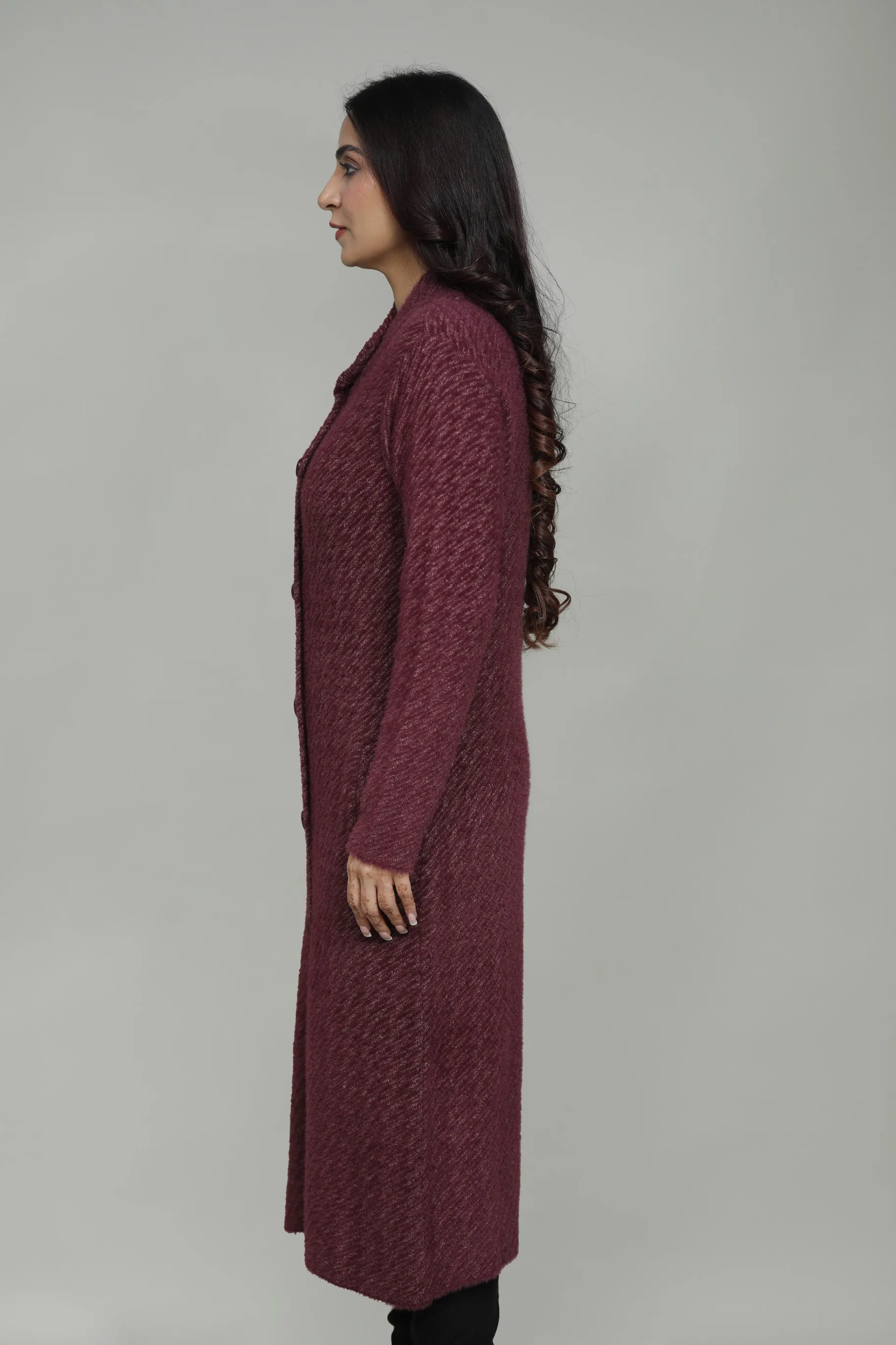 Women Check Knitted Woolen T-Neck Long Coat