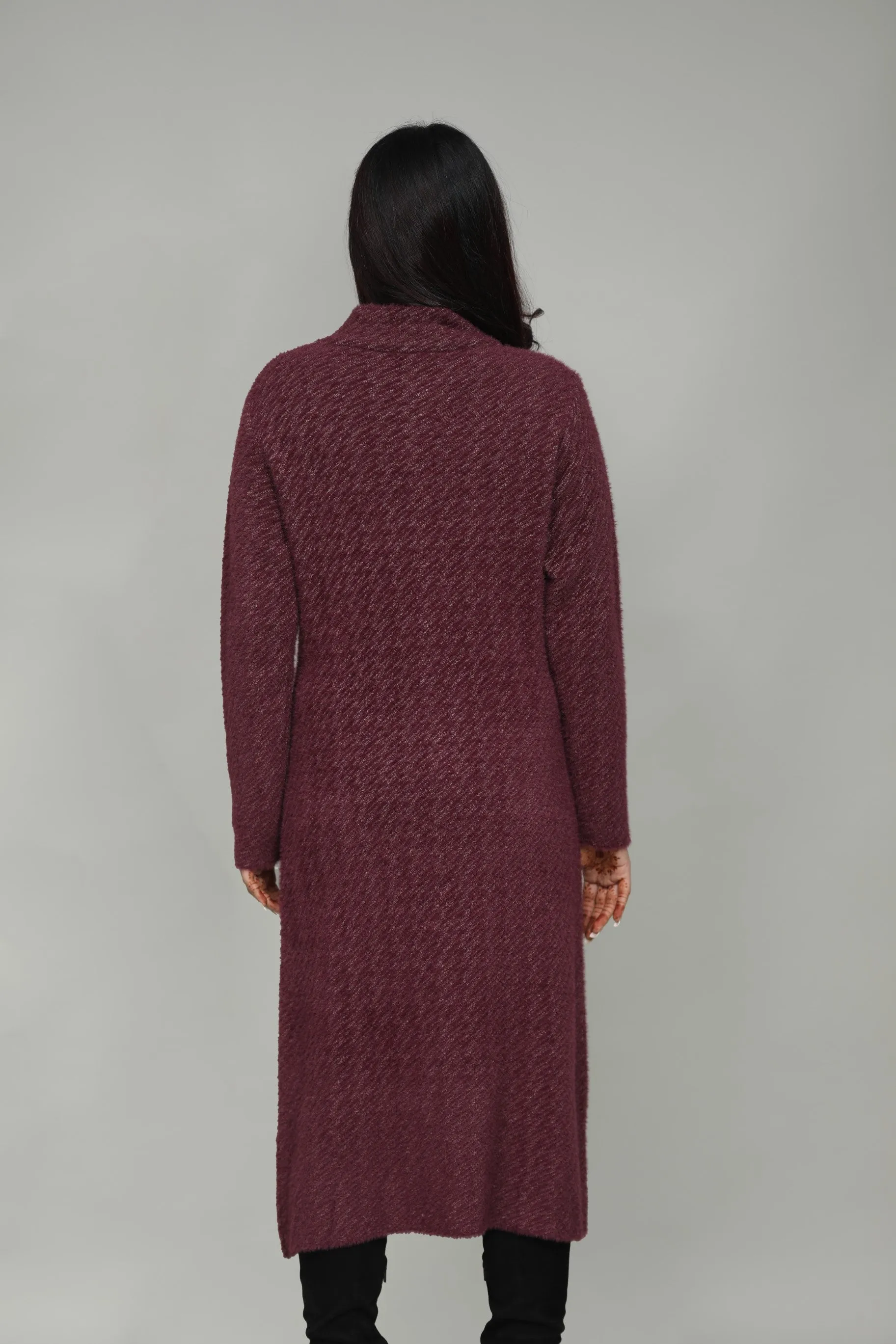 Women Check Knitted Woolen T-Neck Long Coat