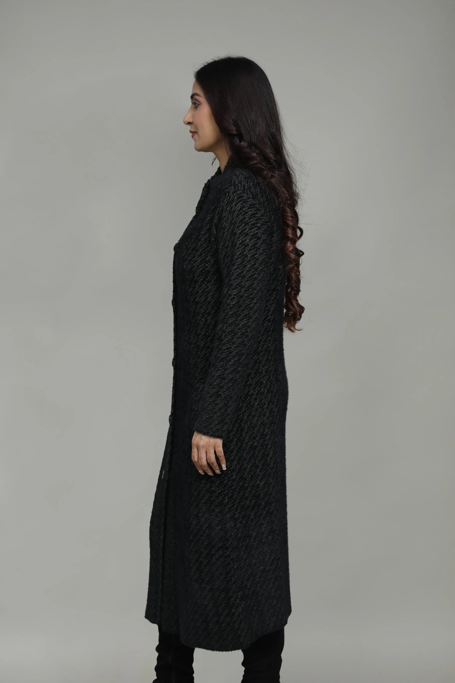 Women Check Knitted Woolen T-Neck Long Coat