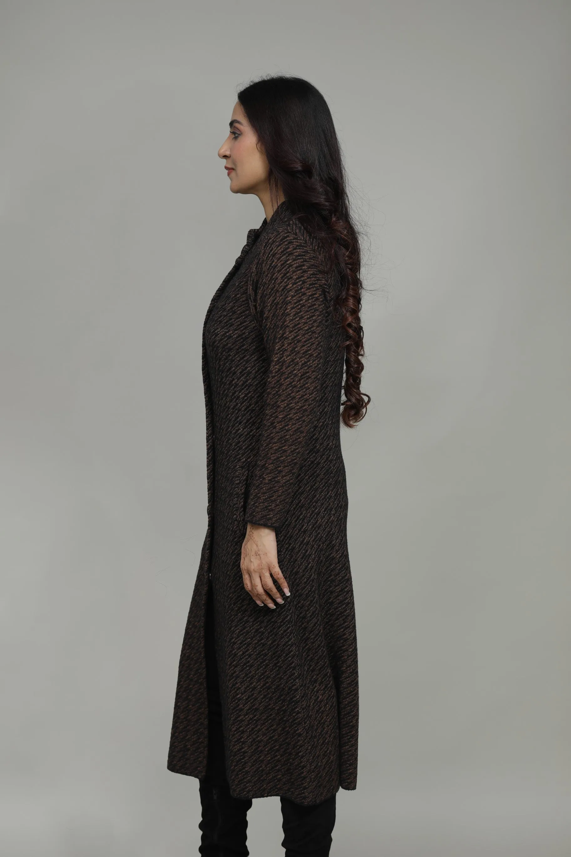 Women Check Knitted Woolen T-Neck Long Coat