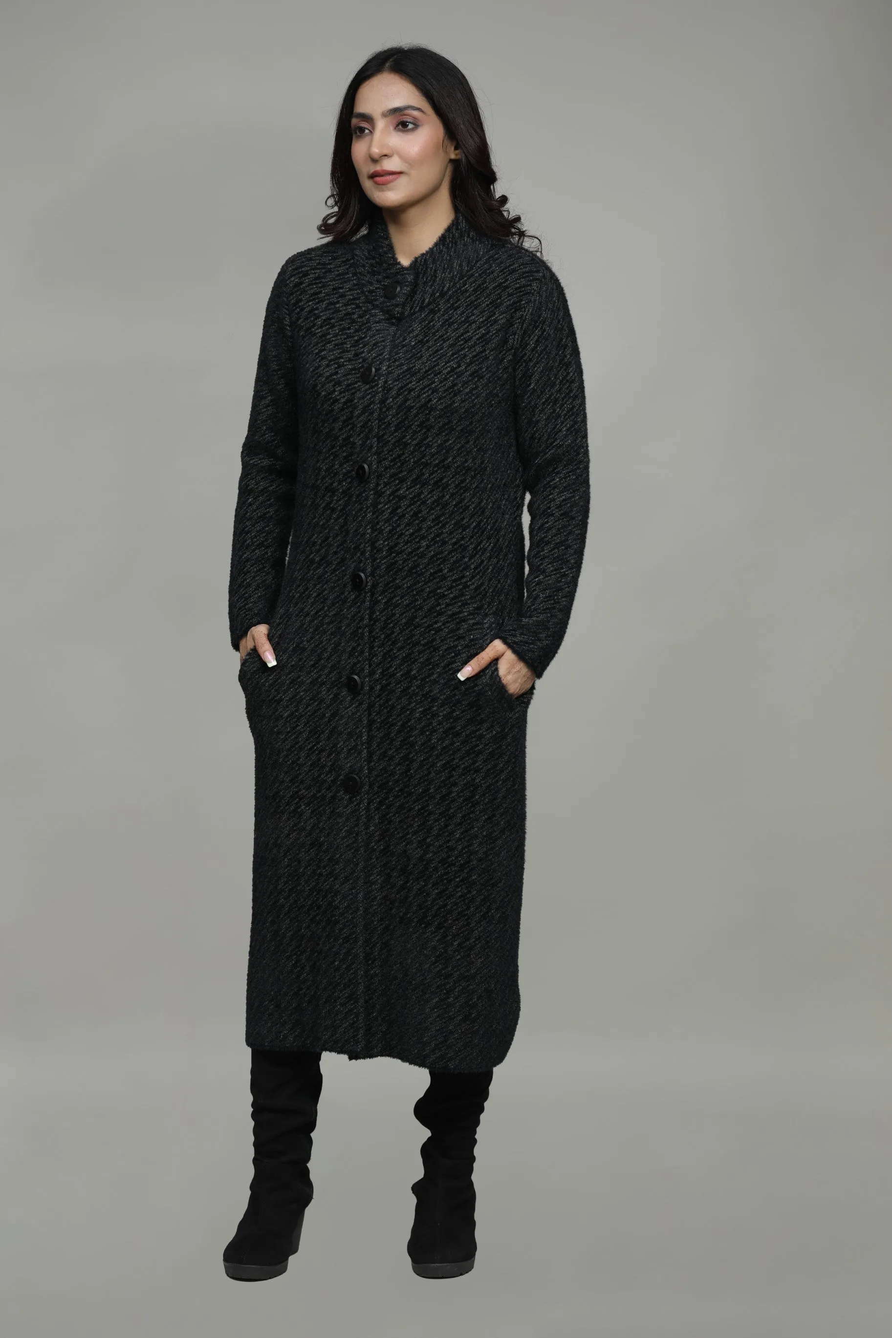 Women Check Knitted Woolen T-Neck Long Coat