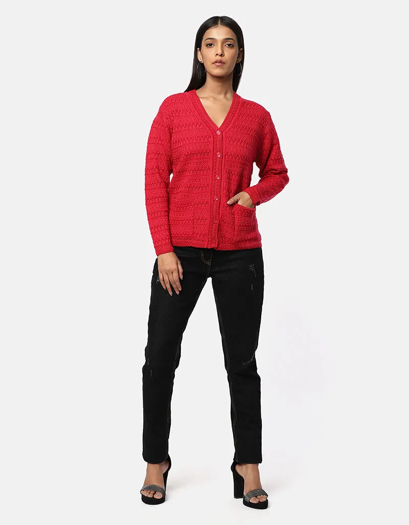 Women Woolen V-Neck Front Pocket Cardigan